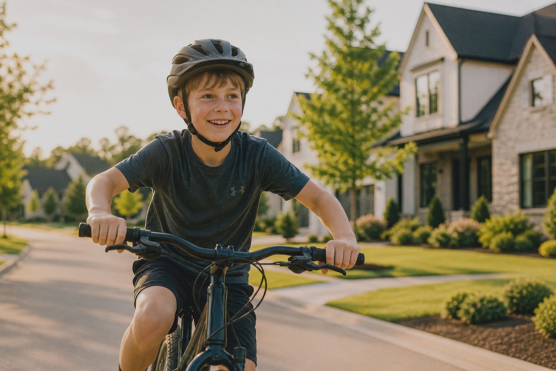 Conceptual image of a child riding a bicycle through a thoughtfully designed neighborhood