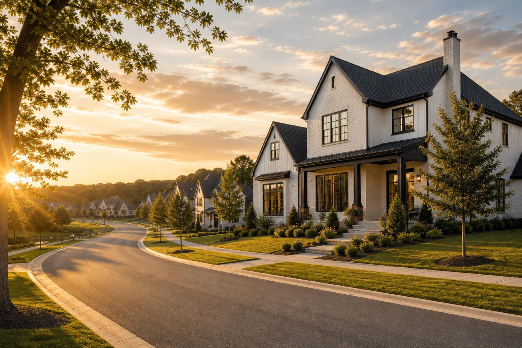 Conceptual view of a welcoming residential street at sunset